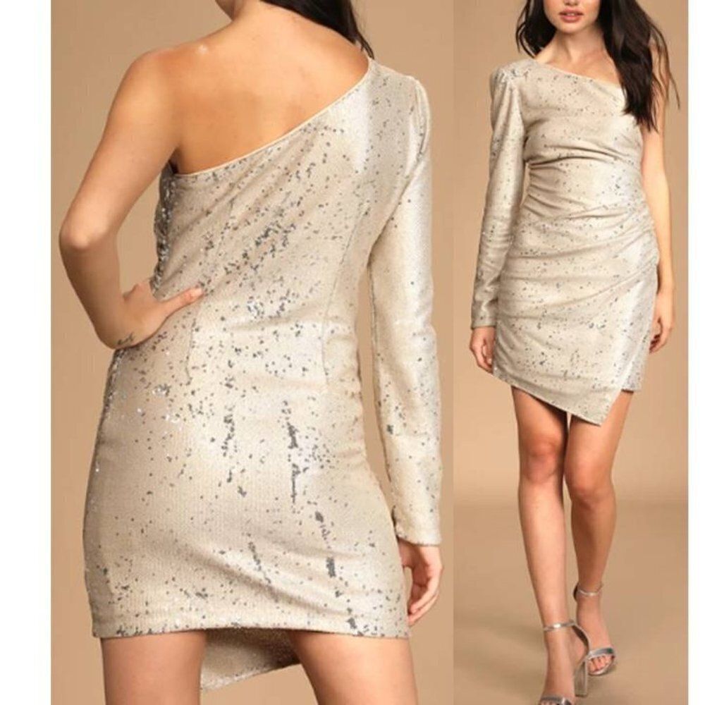 Lulus Light Nude Sequin One-Shoulder Bodycon Mini Dress